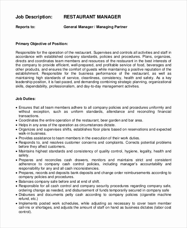 Restaurant General Manager Resume Samples New Restaurant Manager Job Description