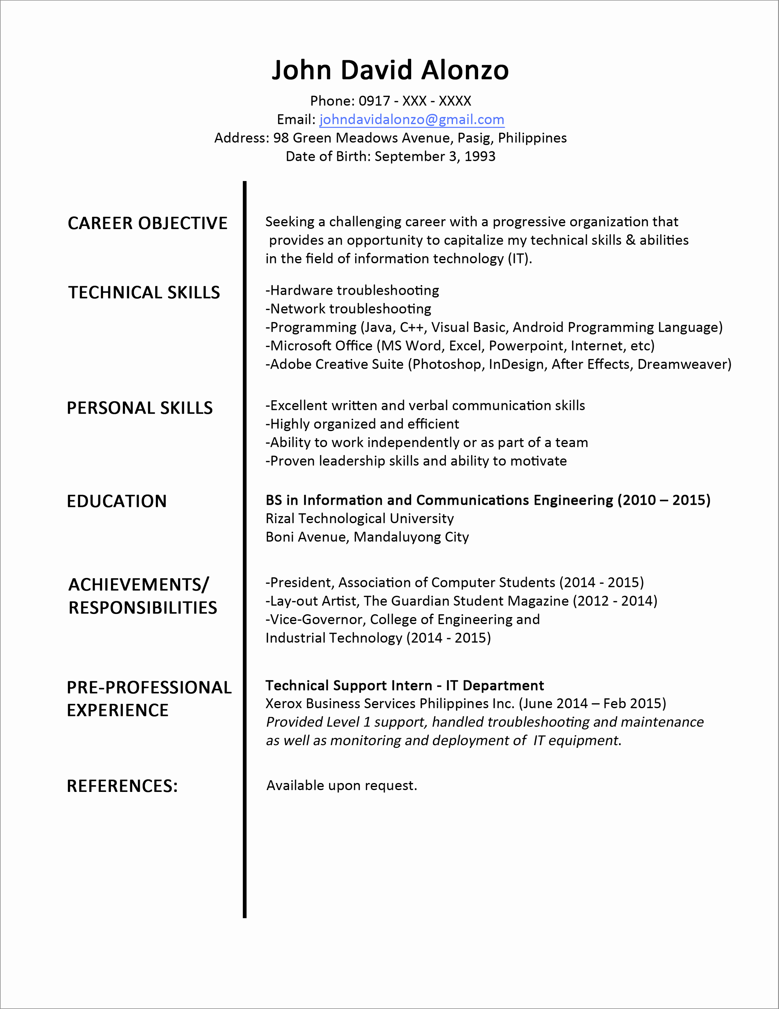 Resume after High School Awesome Sample Resume format for Fresh Graduates E Page format