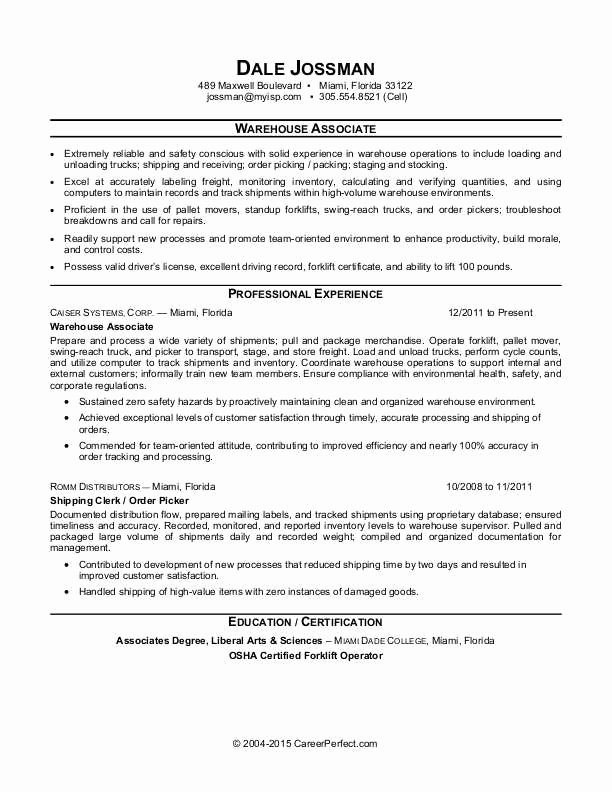 Resume for A Warehouse Job Awesome Warehouse associate Resume Sample