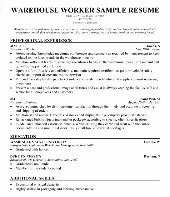 Resume for A Warehouse Job Beautiful Warehouse Resume Skills Sample