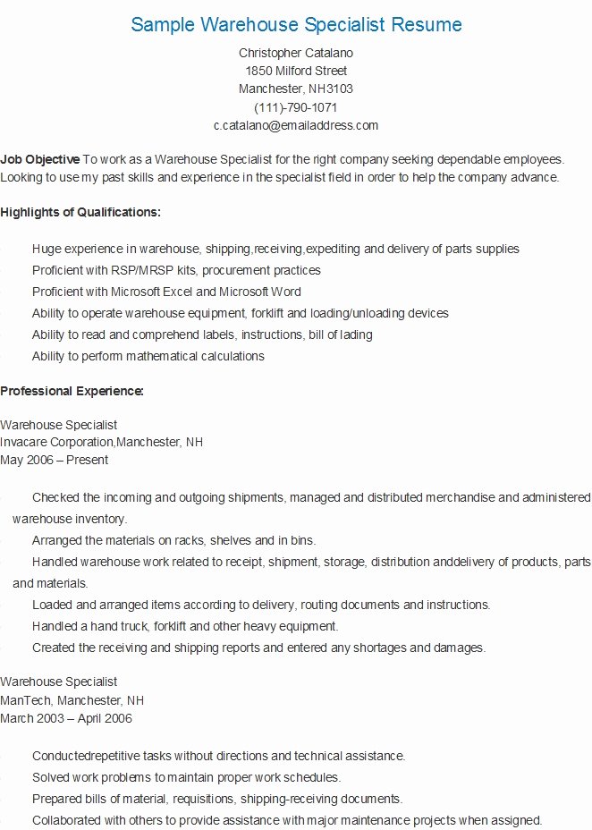 Resume for A Warehouse Job Elegant Resume Samples Sample Warehouse Specialist Resume