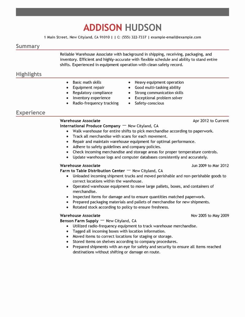 Resume for A Warehouse Job Inspirational Best Warehouse associate Resume Example