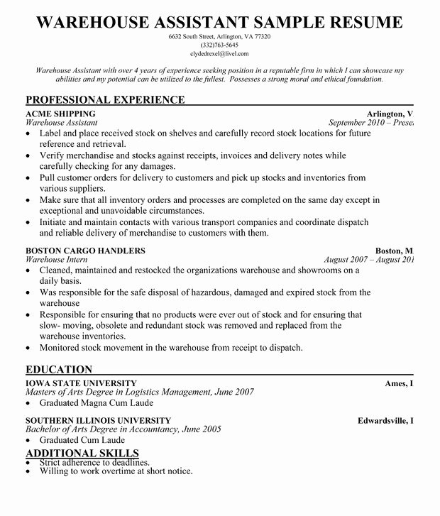 Resume for A Warehouse Job New Resume format Resume format Latest for Warehouse
