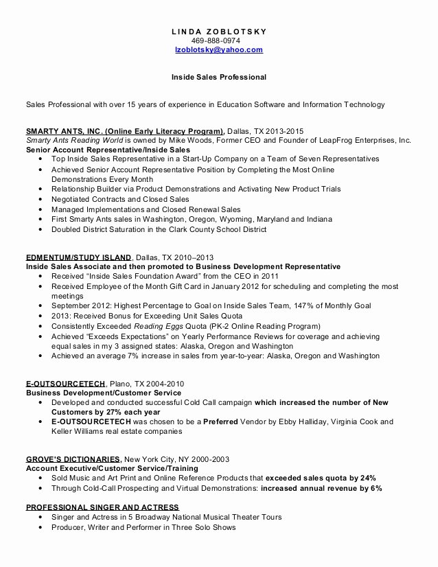 Resume for Sales Representative Position Fresh Linda Zoblotsky Inside Sales Representative Resume Copy