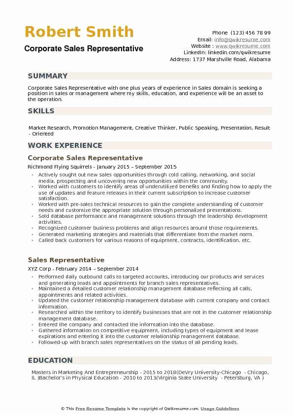 Resume for Sales Representative Position Inspirational Corporate Sales Representative Resume Samples