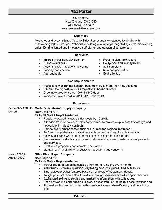 Resume for Sales Representative Position Luxury Outside Sales Representative Resume Examples – Free to Try