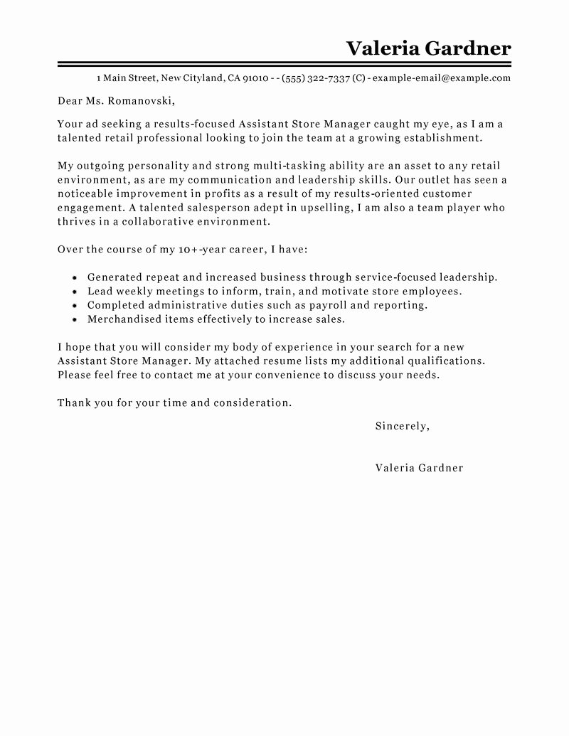 Retail Cover Letters Samples Unique Leading Professional assistant Store Manager Cover Letter