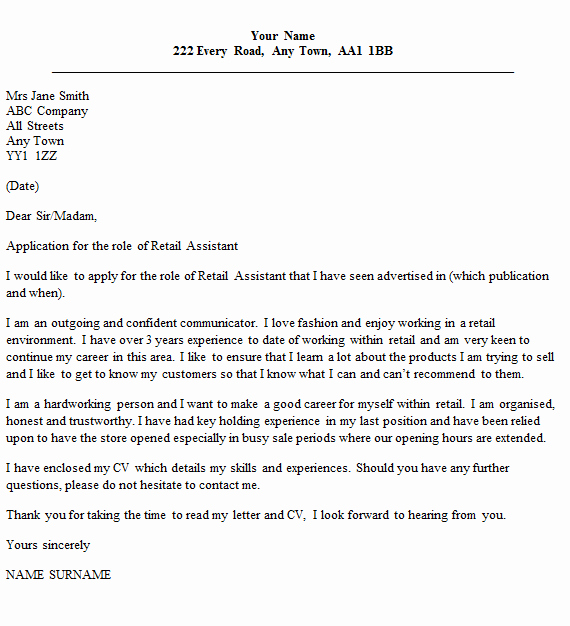 Retail Covering Letter Sample Beautiful Retail assistant Cover Letter Example Icover