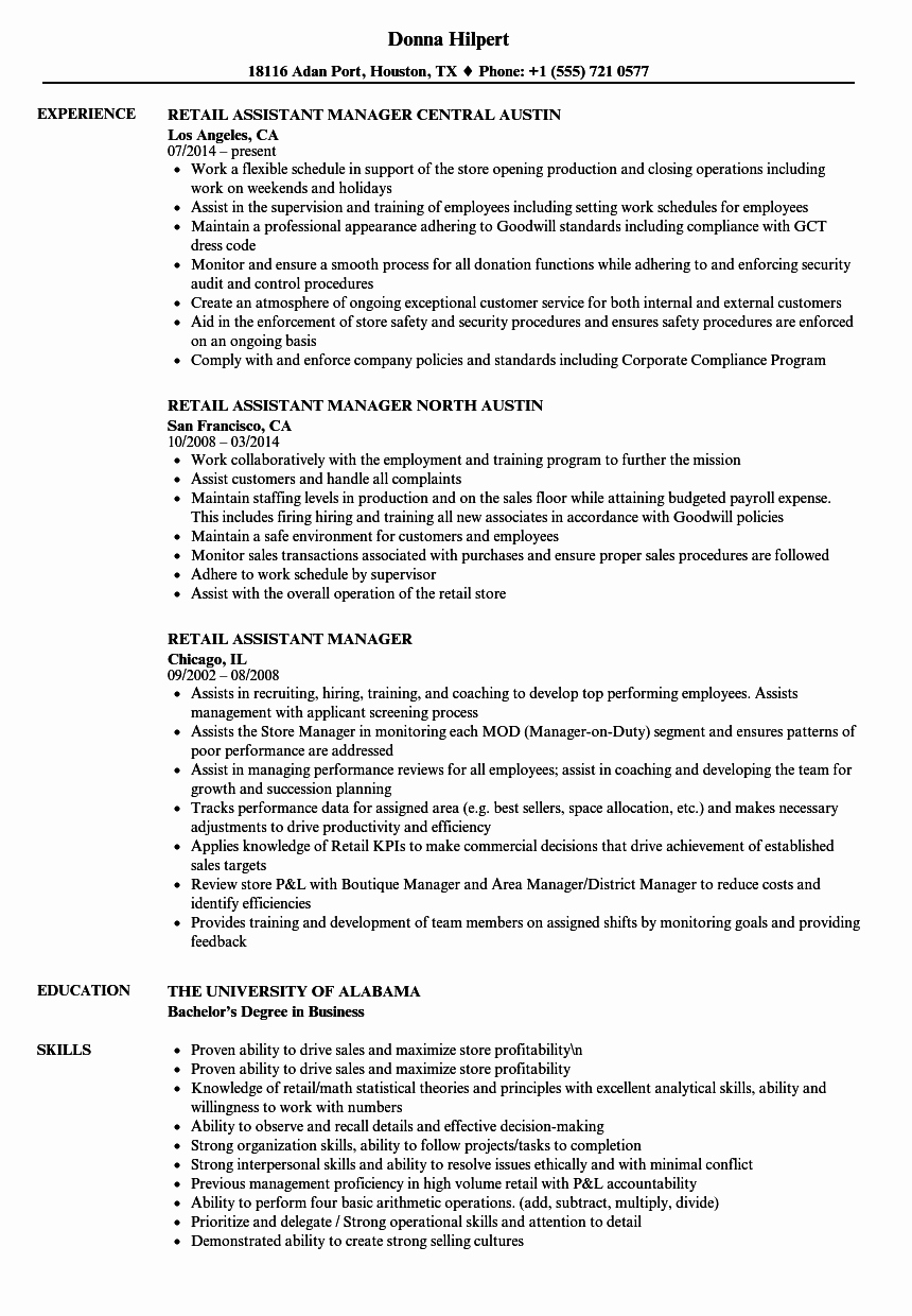 Retail Store Manager Resume Samples Lovely Retail assistant Manager Resume Samples