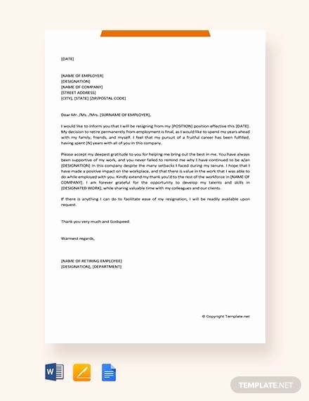 Retirement Resignation Letter to Employer Unique 10 Sample Retirement Resignation Letters Pdf Word