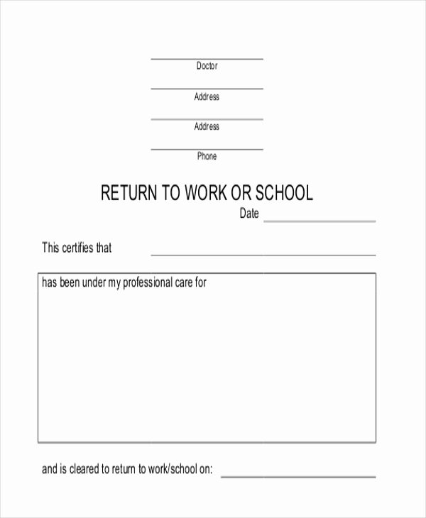 Return to Work Doctor Note Fresh Return to Work Note Sample 6 Examples In Word Pdf