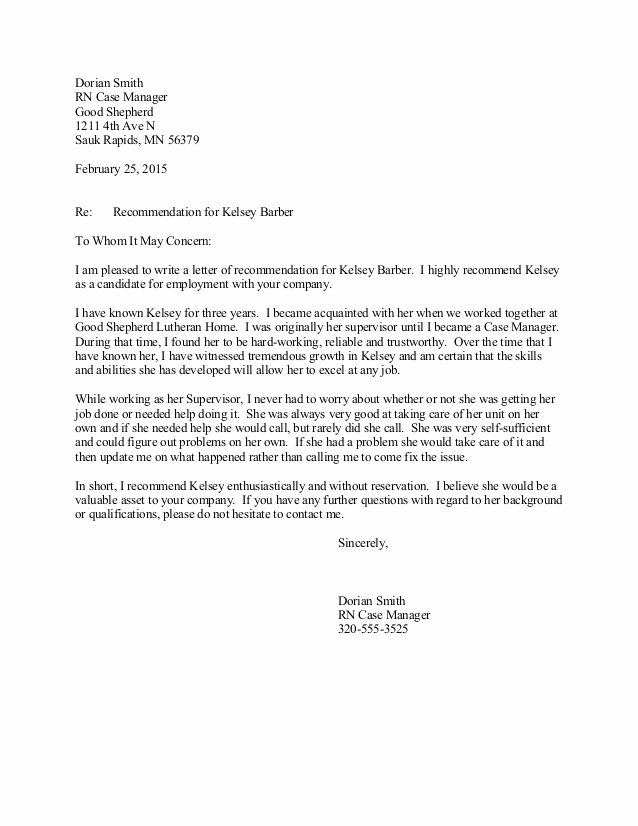 Rn Letter Of Recommendation Awesome Re Mendation Letter