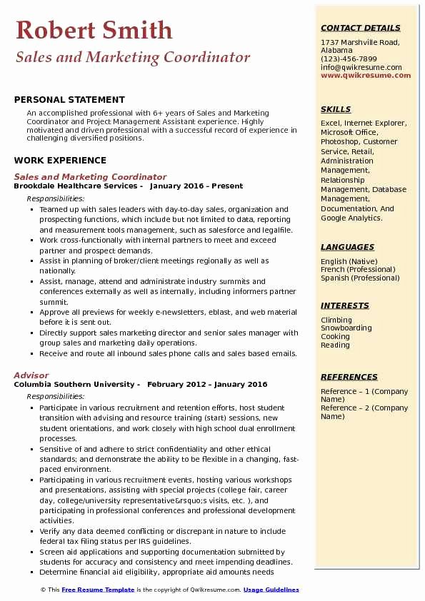 Sales and Marketing Resume Samples New Sales and Marketing Coordinator Resume Samples