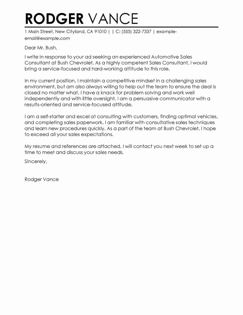 Sales Cover Letter Examples Inspirational Sales Consultant Cover Letter