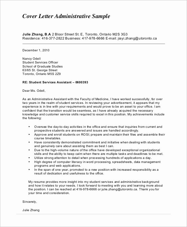 Sample Administrative assistant Cover Letter Beautiful Sample Administrative assistant Cover Letter 7 Examples