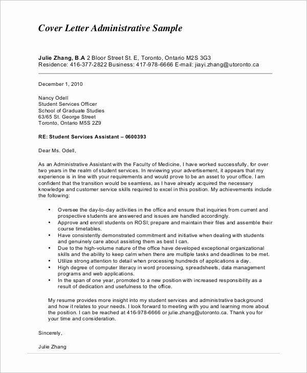 Sample Administrative Cover Letter New Sample Cover Letter 9 Examples In Pdf