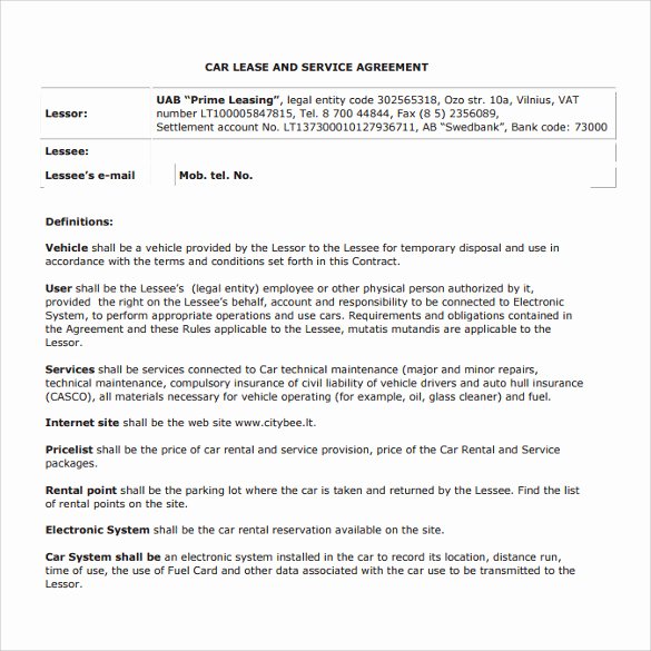 Sample Car Rental Agreements Unique Sample Vehicle Lease Agreement Template 14 Free