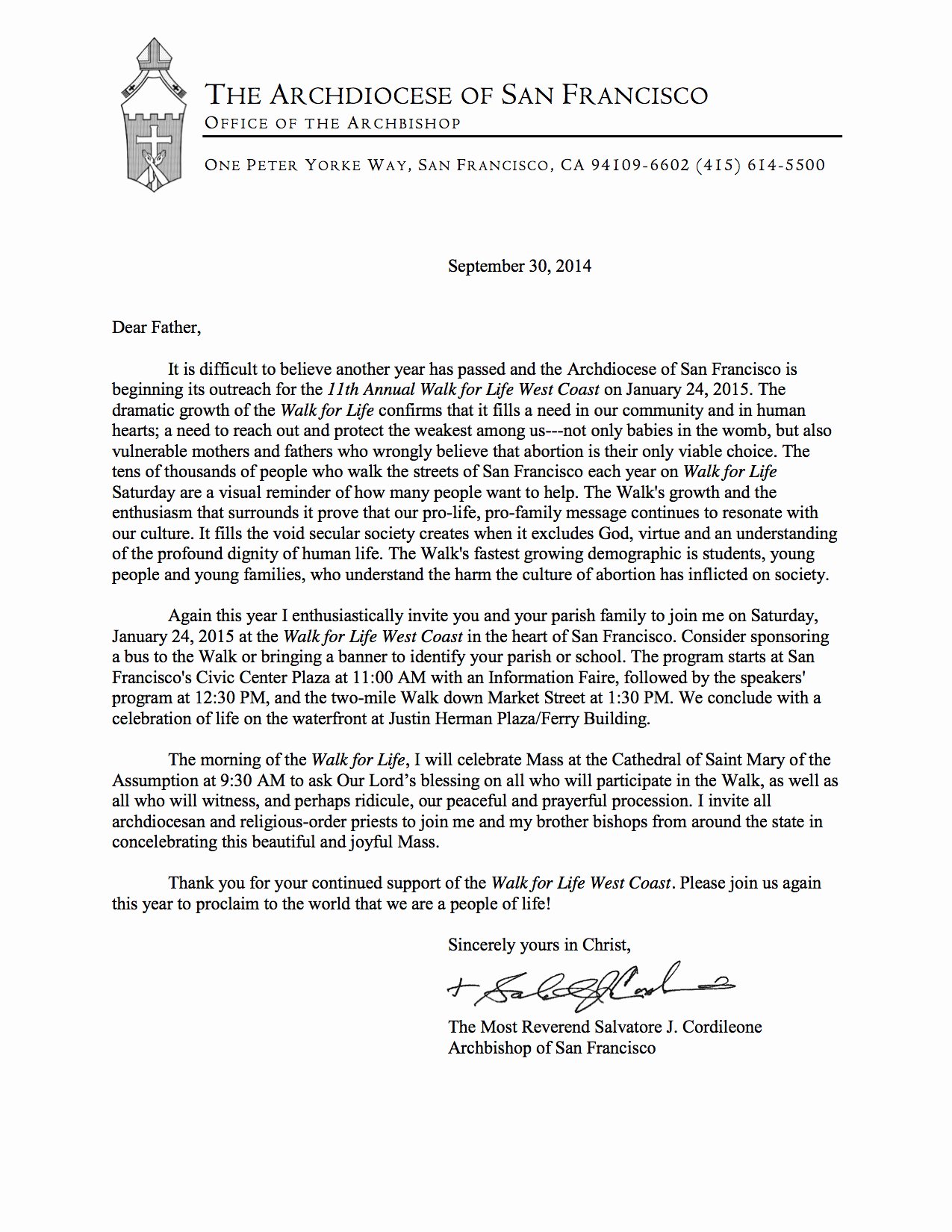 Sample Church Invitation Letter Unique An Invitation Letter From Archbishop Salvatore Cordileone