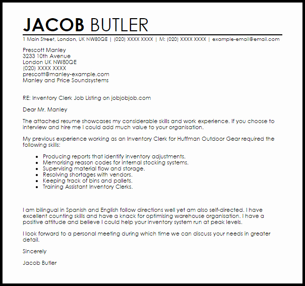 Sample Clerical Cover Letter Awesome Inventory Clerk Cover Letter Sample