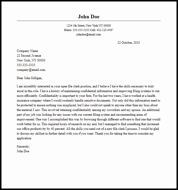 Sample Clerical Cover Letter Beautiful Professional File Clerk Cover Letter Sample &amp; Writing
