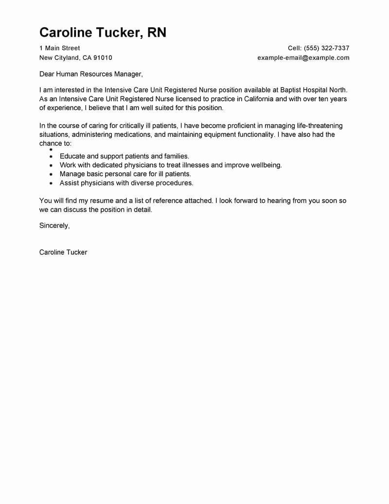 Sample Cover Letter for Nursing New Leading Professional Intensive Care Unit Registered Nurse