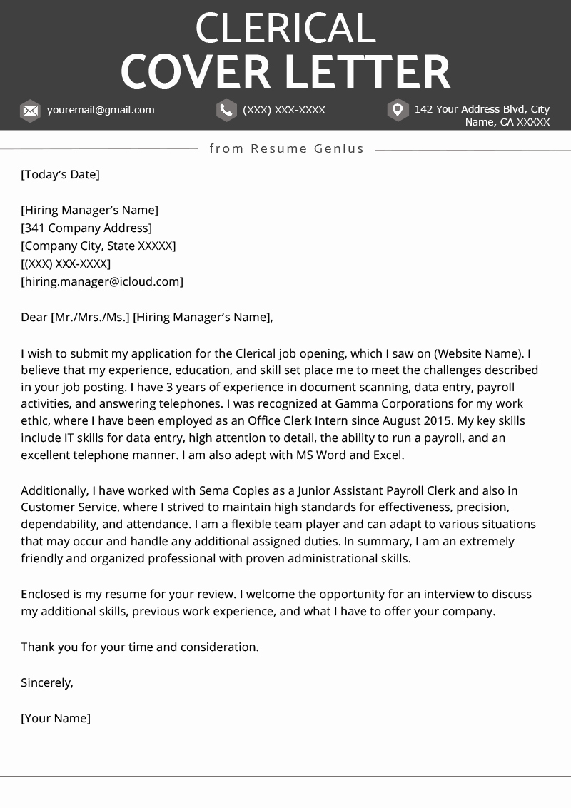 Sample Cover Letter Free Fresh Clerical Cover Letter Example &amp; Tips
