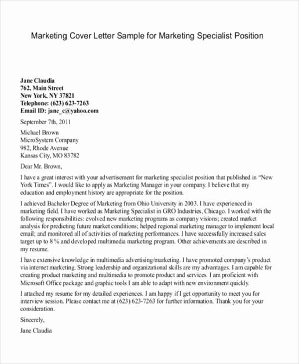 Sample Cover Letters Marketing Unique 11 Marketing Cover Letter Templates Free Sample