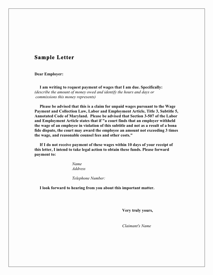 Sample Demand for Payment Letter Luxury Demand Letter to Employer Sample Maryland In Word and
