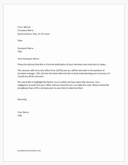 Sample Demotion Letter to Employee Lovely Demotion Letter for Salary Deduction