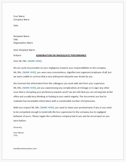 Sample Employee Warning Letter New Warning Letter to Employee for Bad Performance