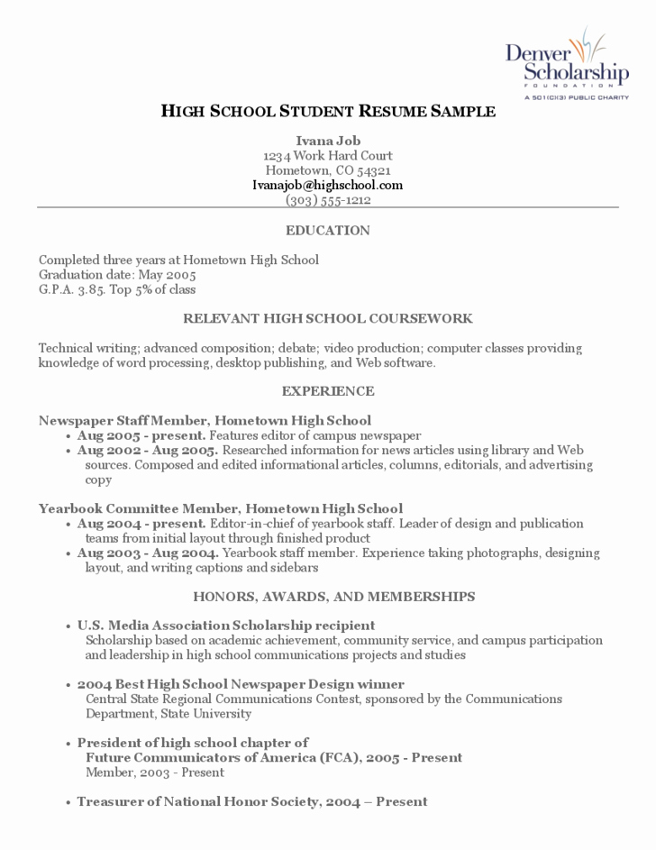 Sample High School Student Resume Fresh High School Student Resume Sample Free Download