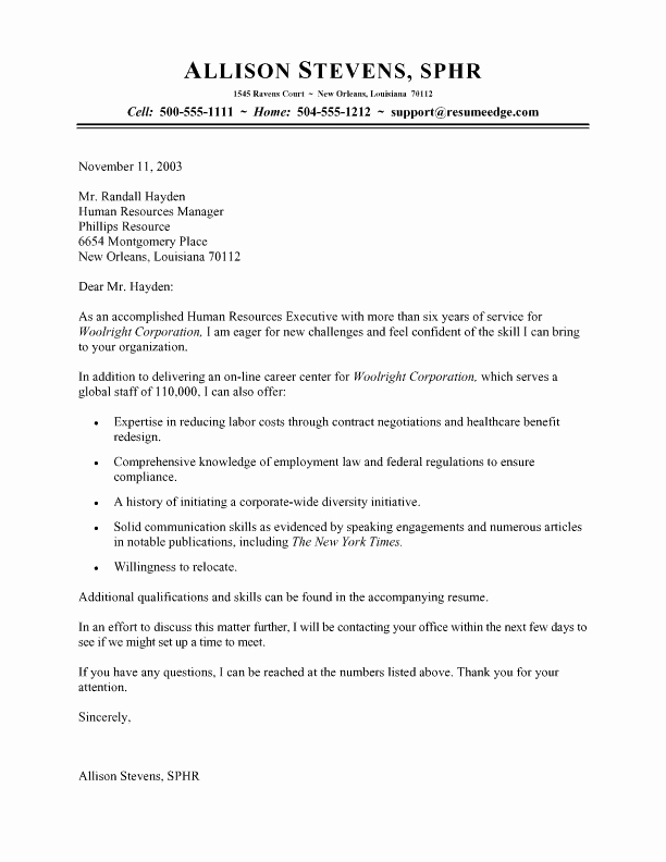 Sample Hr Cover Letter Beautiful Hr Executive Cover Letter
