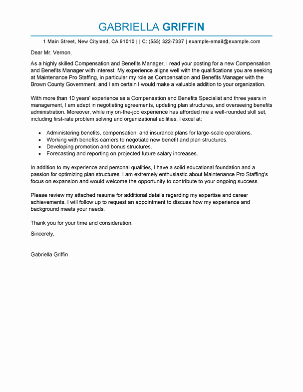 Sample Hr Cover Letter New Best Pensation and Benefits Cover Letter Examples