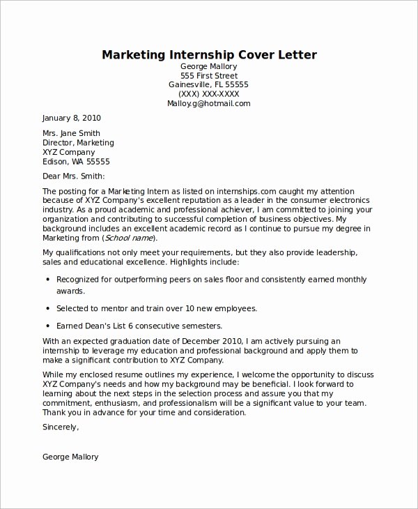 Sample Intern Cover Letters Awesome 8 Sample Internship Cover Letters Pdf Word