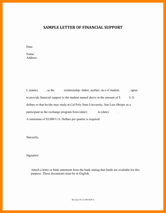 Sample Letter Of Financial Support Inspirational Letter Financial Support Example