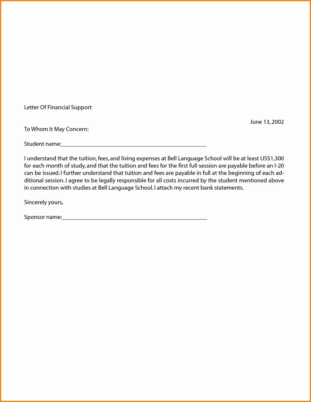 Sample Letter Of Financial Support New Letter Financial Support Template