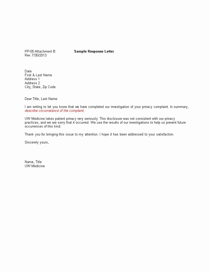 Sample Letter to Patient Luxury Patient Privacy Plaint Response Letter Template