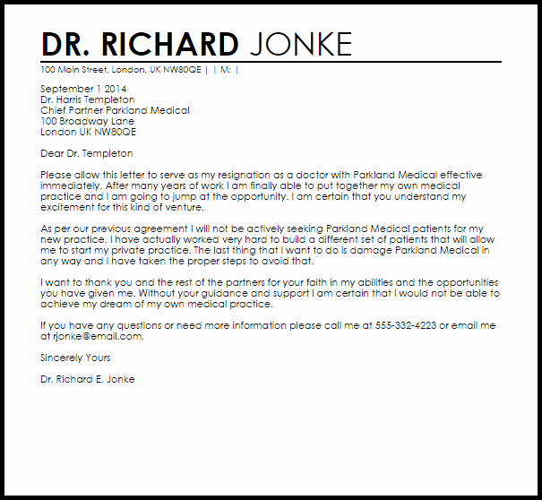 Sample Letter to Patient New Doctor Resignation Letter Example