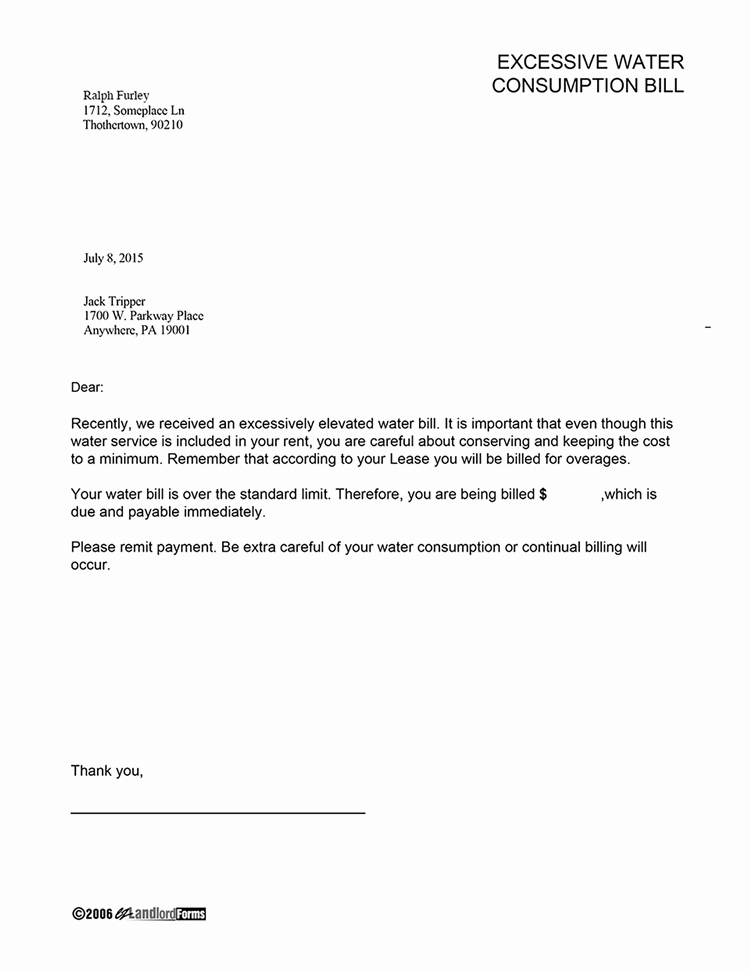 Sample Letter to Tenant Luxury Excessive Water Consumption Bill