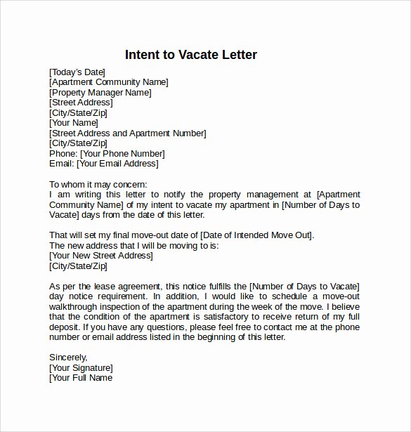 Sample Letter to Vacate Apartment Awesome Intent to Vacate Letter – 7 Free Samples Examples &amp; formats
