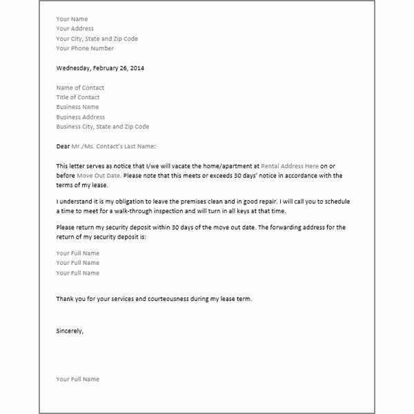Sample Letter to Vacate Apartment New Printable Sample 30 Day Notice to Vacate Letter form