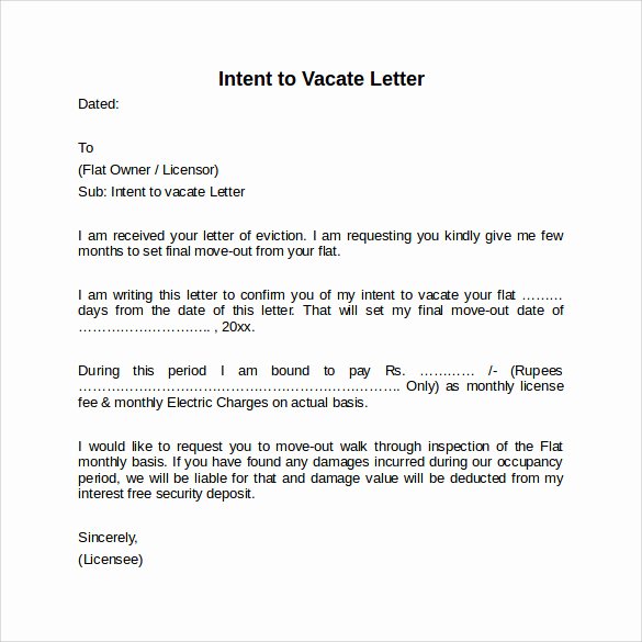 Sample Letter to Vacate Luxury Intent to Vacate Letter – 7 Free Samples Examples &amp; formats