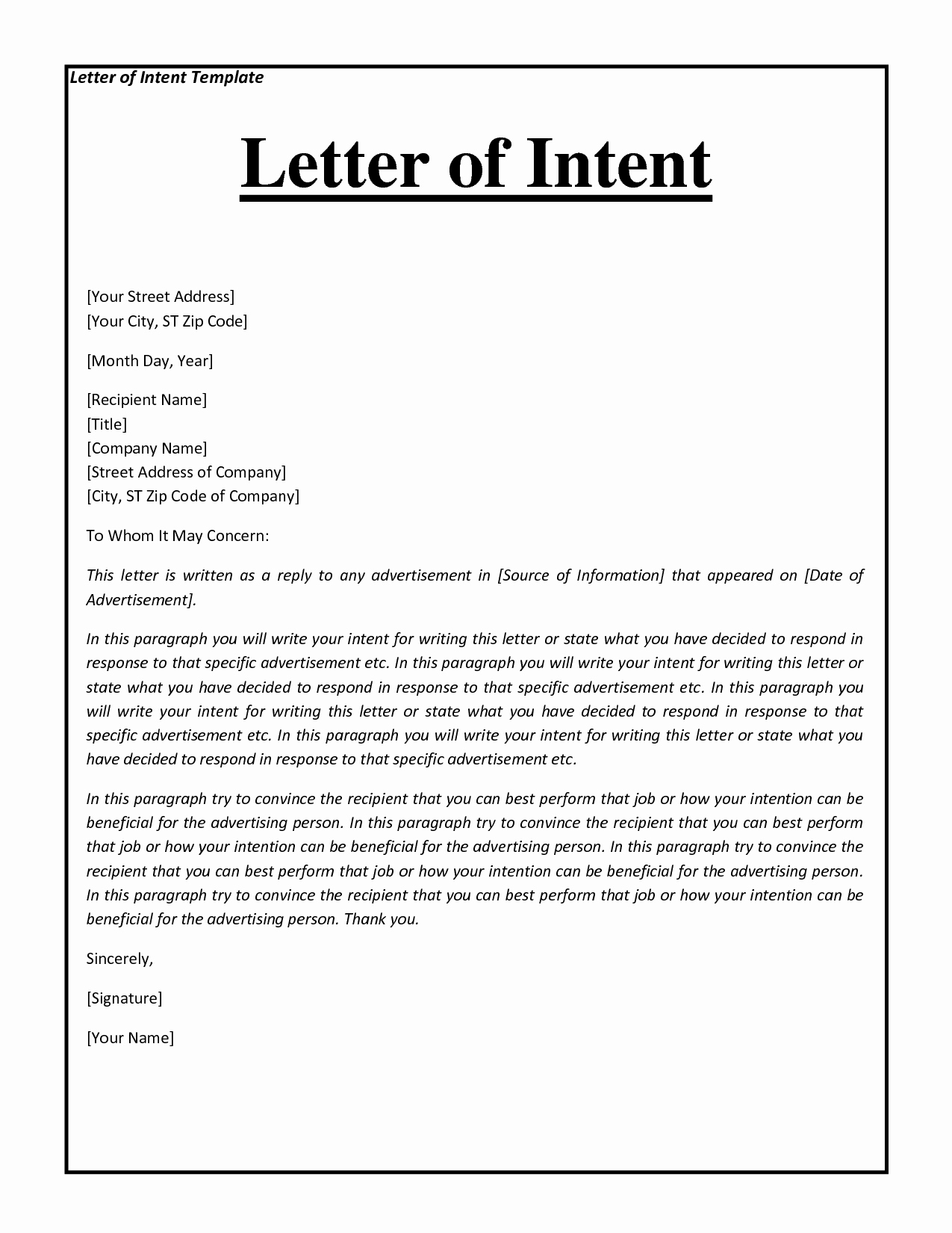 Sample Letters Of Intent New Letter Intent format