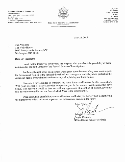 Sample Letters Of Interest Awesome Lieberman withdraws From Consideration as F B I Director
