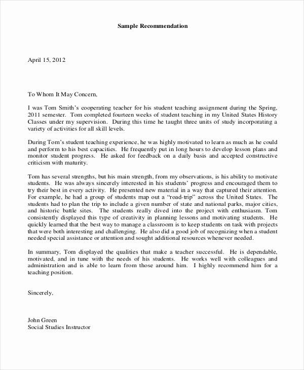 Sample Letters Of Recommendation Teachers Unique Sample Teacher Letters Of Re Mendation 6 Free