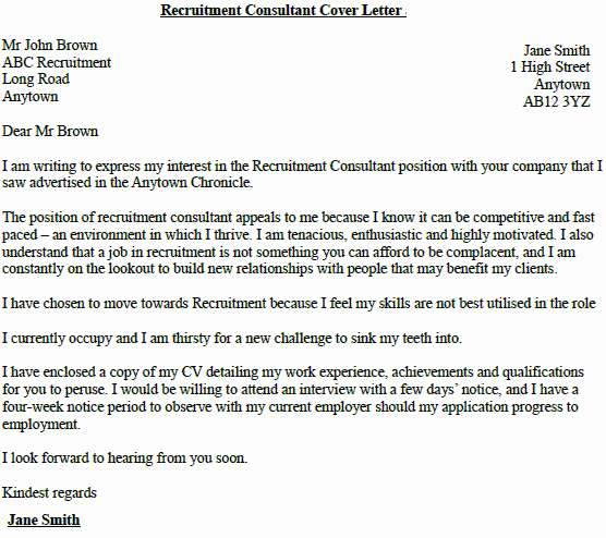 Sample Letters to Recruiters Unique Recruitment Consultant Cover Letter Example Lettercv