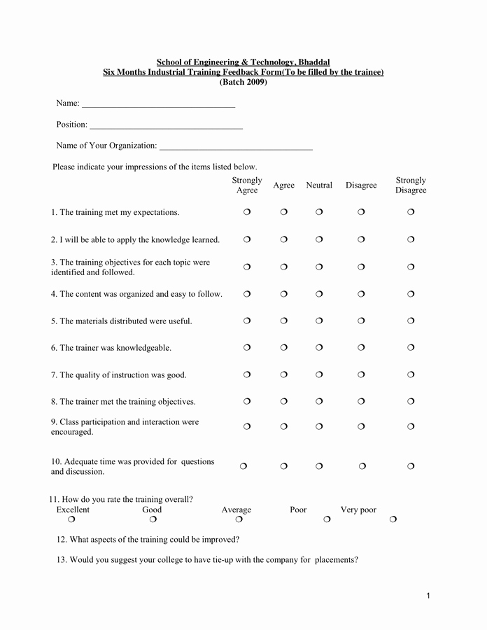 Sample Of Evaluation forms Luxury Sample Training Evaluation form In Word and Pdf formats