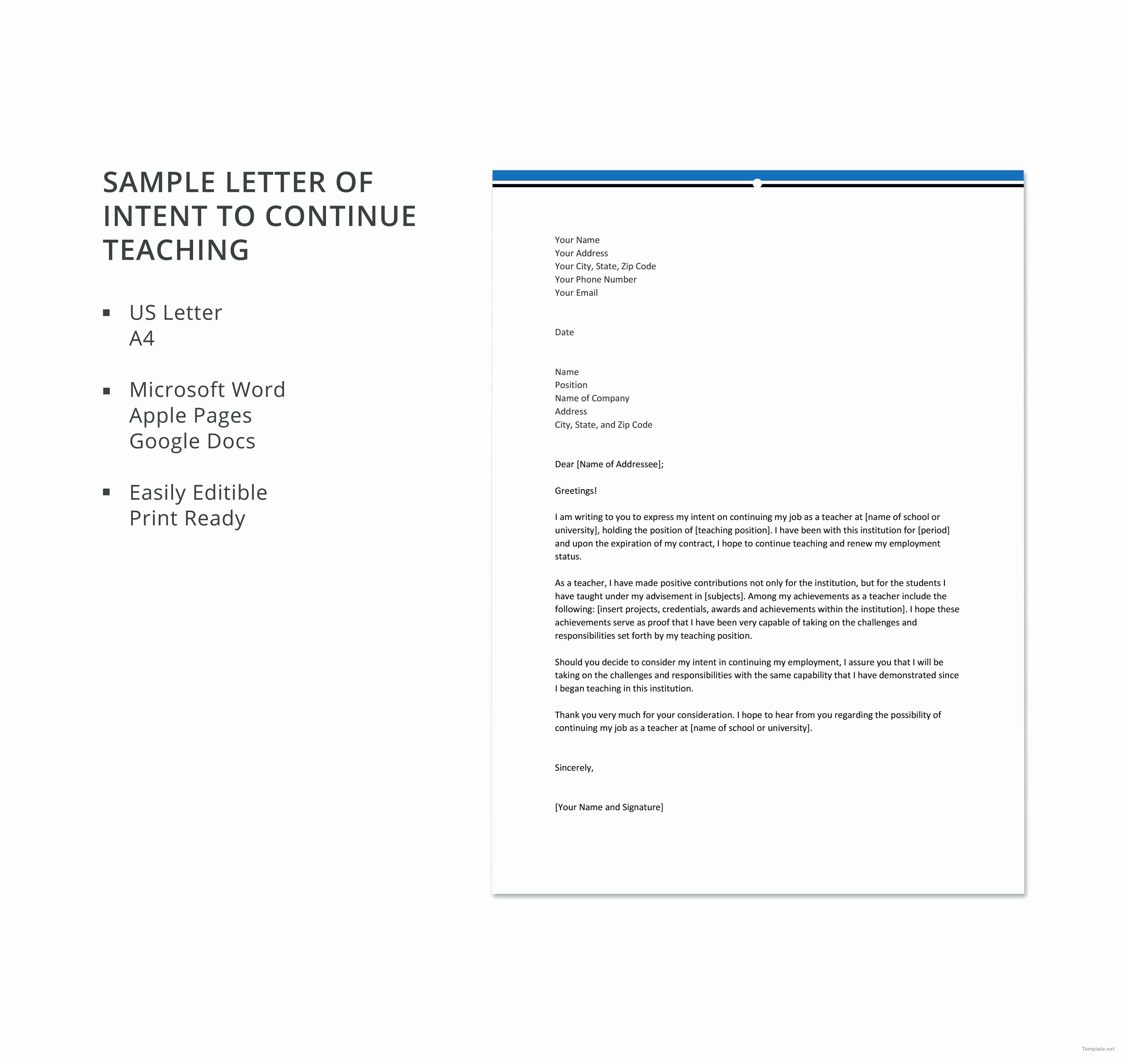 Sample Of Letter Of Intend Elegant Free Sample Letter Of Intent to Continue Teaching