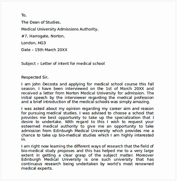 Sample Of Letter Of Intend Unique Letter Of Intent Medical School