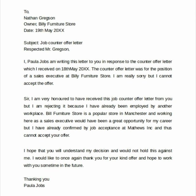 Sample Of Offer Letters Awesome Counter Fer Letter